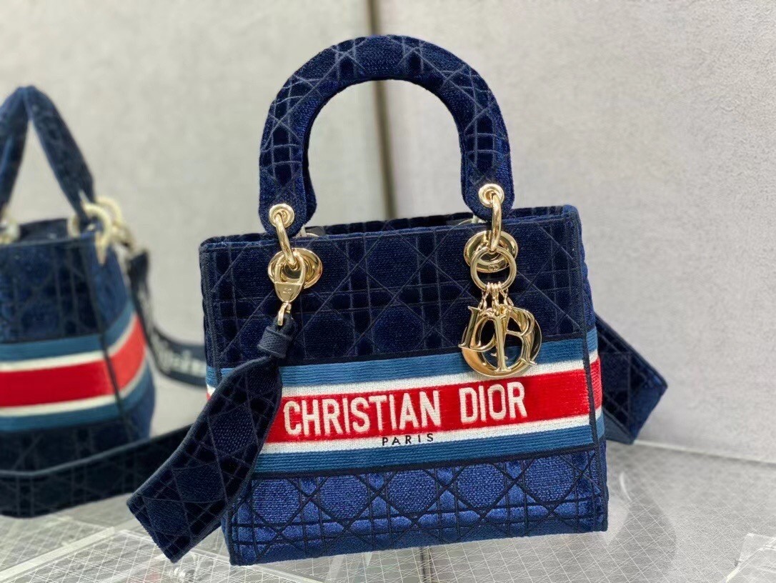 Dior Medium Lady D-Lite Bag In Blue Velvet Embroidery 388