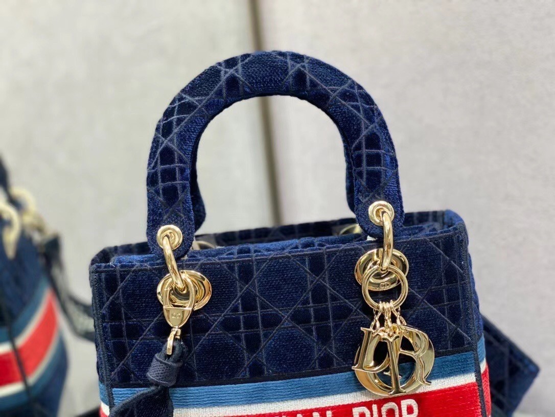 Dior Medium Lady D-Lite Bag In Blue Velvet Embroidery 388