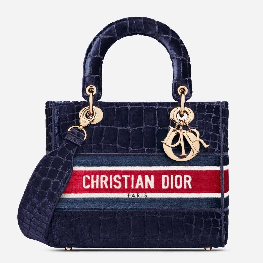 Dior Medium Lady D-Lite Bag In Blue Crocodile Embroidered Velvet 423