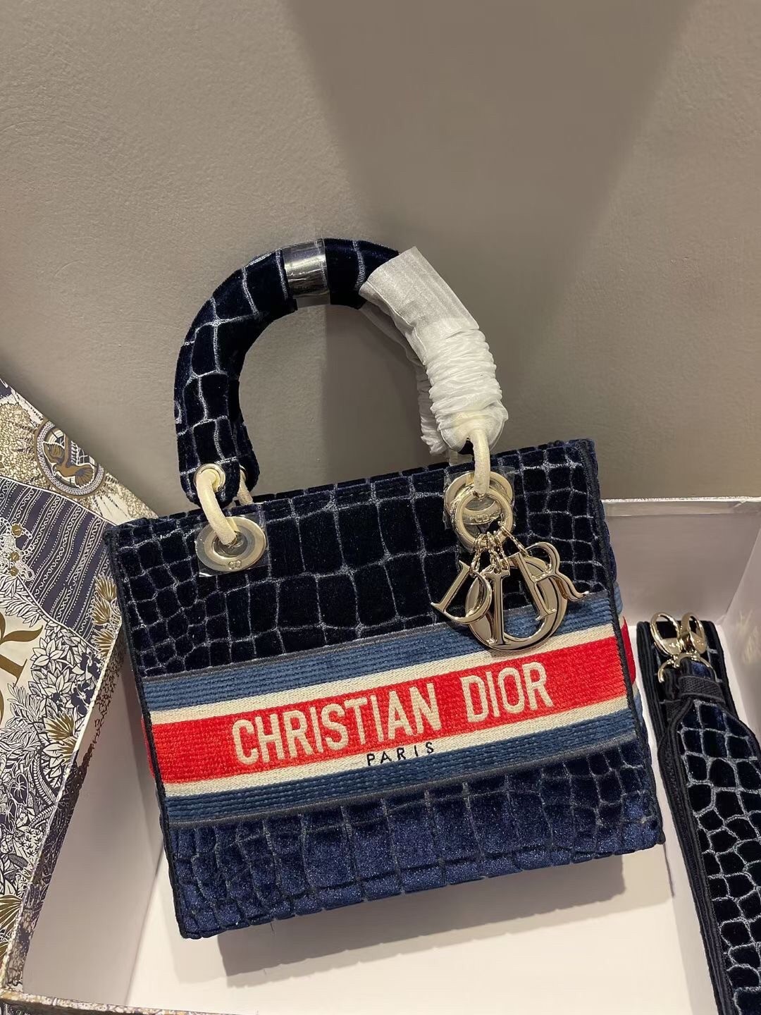 Dior Medium Lady D-Lite Bag In Blue Crocodile Embroidered Velvet 423