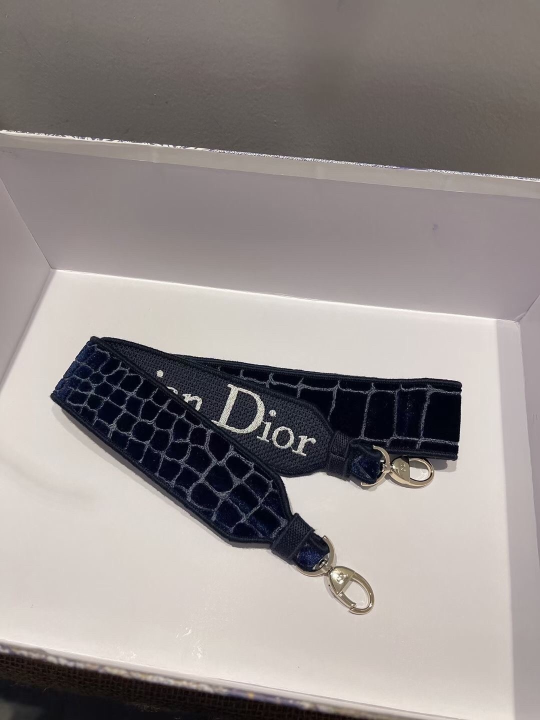 Dior Medium Lady D-Lite Bag In Blue Crocodile Embroidered Velvet 423