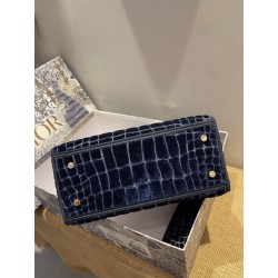 Dior Medium Lady D-Lite Bag In Blue Crocodile Embroidered Velvet 423