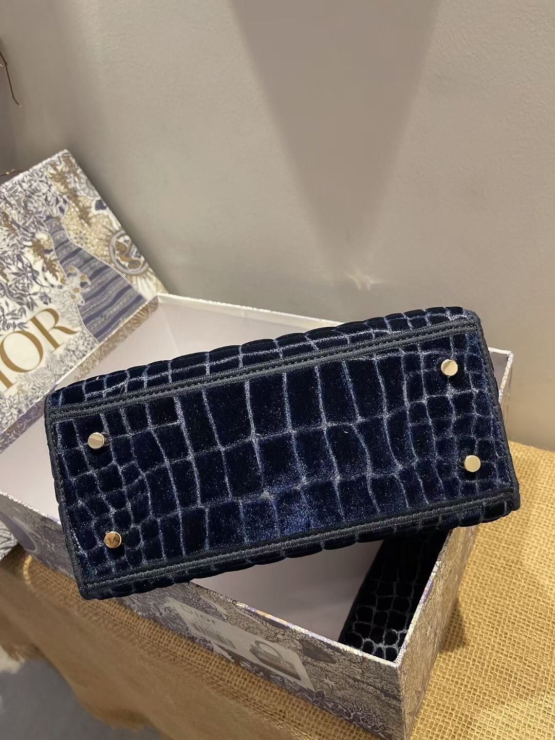 Dior Medium Lady D-Lite Bag In Blue Crocodile Embroidered Velvet 423