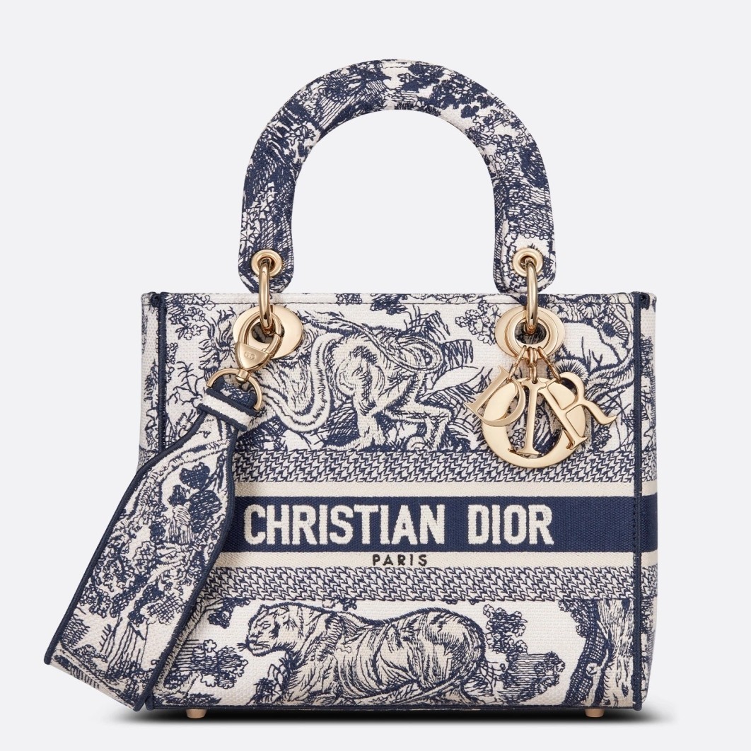 Dior Medium Lady D-Lite Bag In Blue Toile de Jouy Embroidery 923