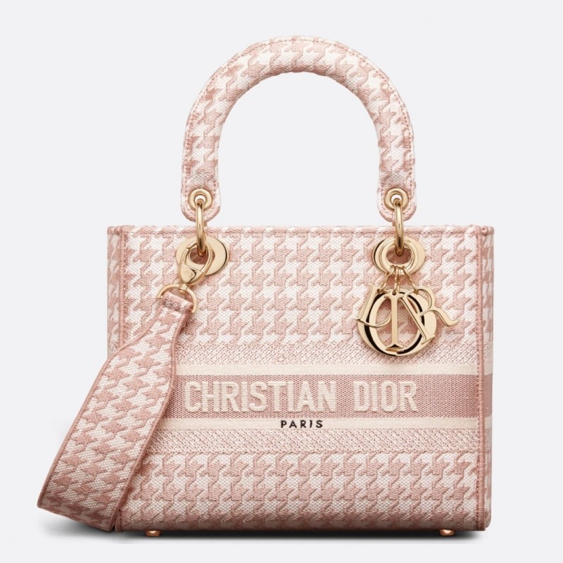 Dior Medium Lady D-Lite Bag In Pink Houndstooth Embroidery 212