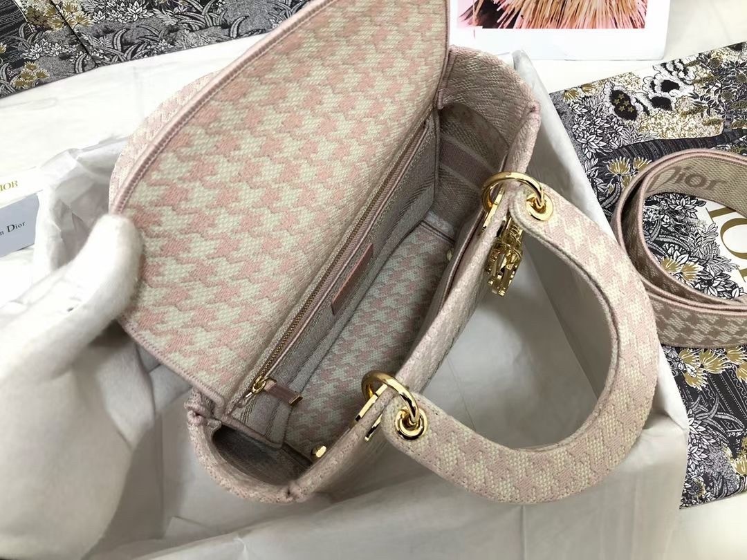 Dior Medium Lady D-Lite Bag In Pink Houndstooth Embroidery 212