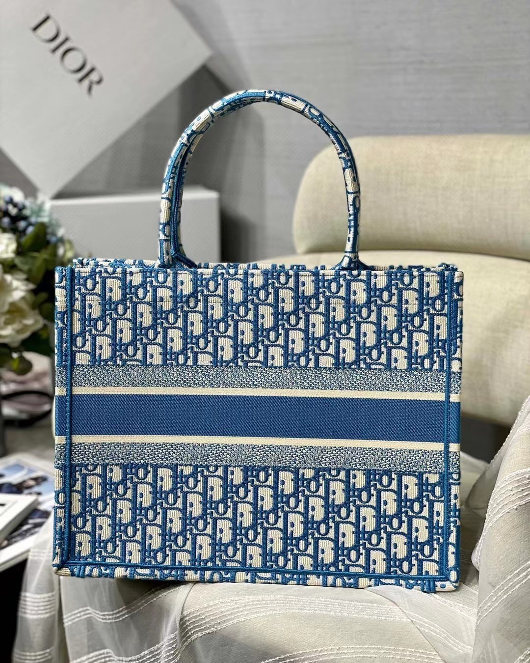 Dior Small Book Tote In Cornflower Blue Dior Oblique Embroidery 364