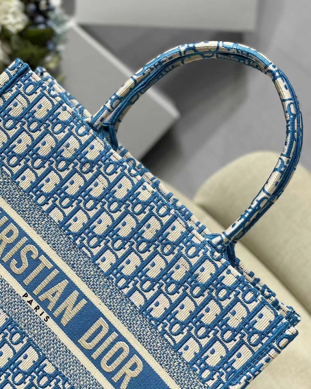 Dior Small Book Tote In Cornflower Blue Dior Oblique Embroidery 364