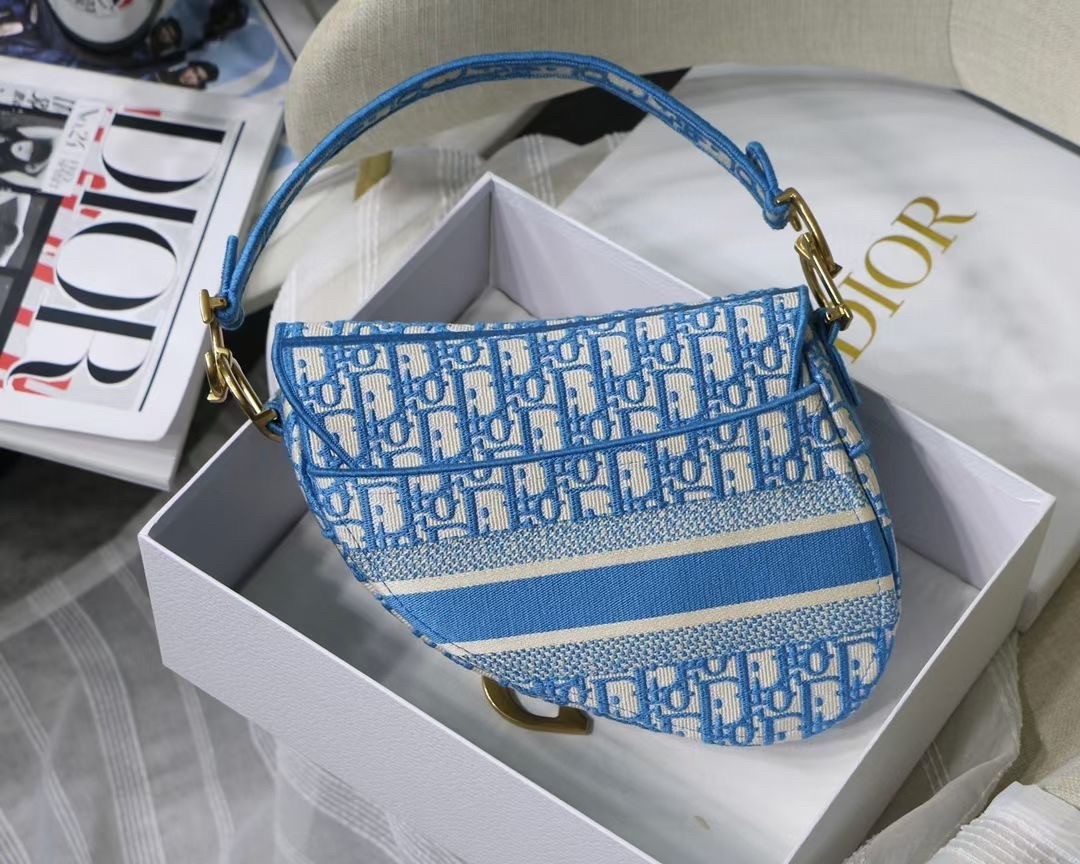 Dior Saddle Bag In Cornflower Blue Dior Oblique Embroidery 599