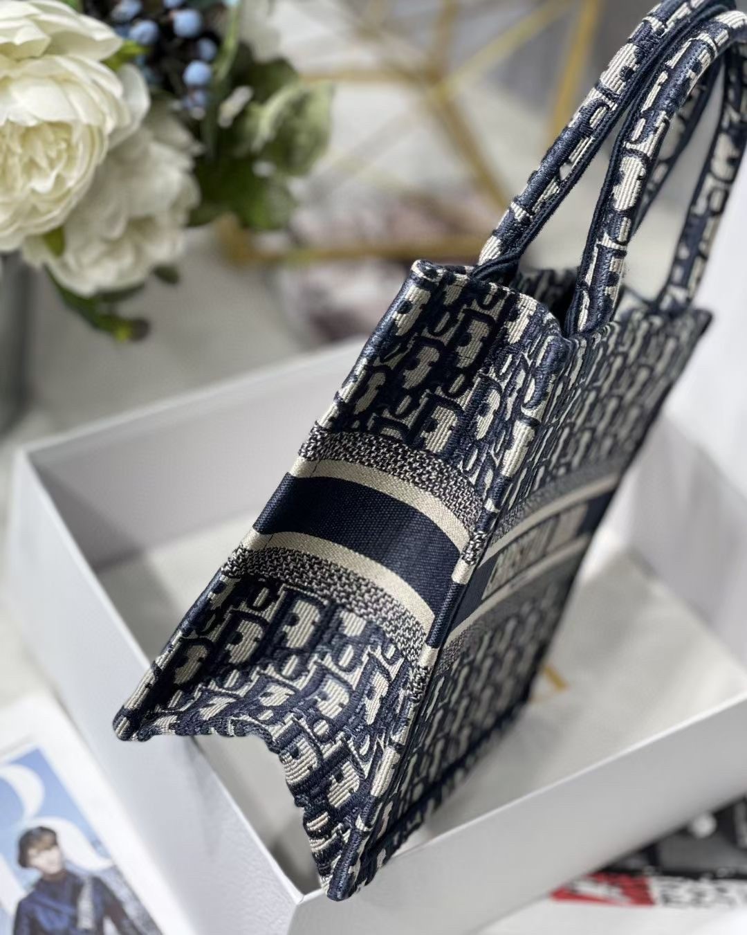 Dior New Small Book Tote In Blue Dior Oblique Jacquard 802