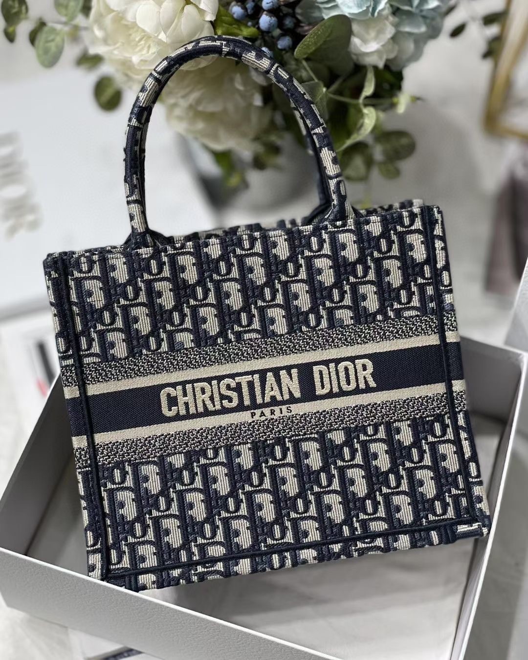 Dior New Small Book Tote In Blue Dior Oblique Jacquard 802