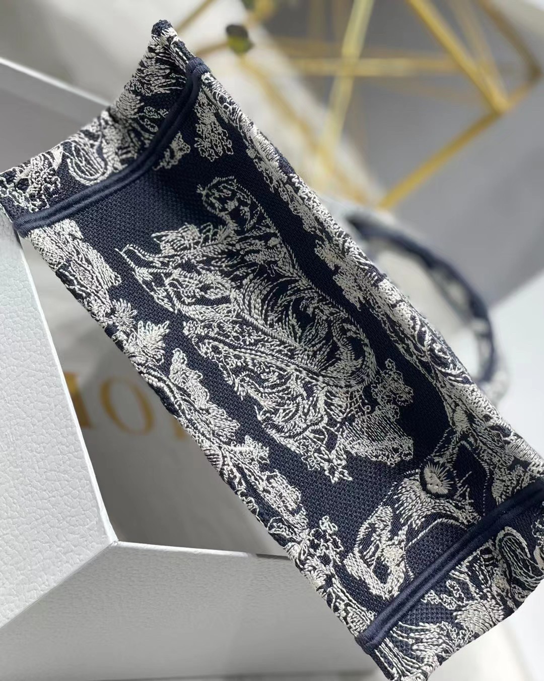 Dior New Small Book Tote In Blue Toile de Jouy Reverse Embroidery 844