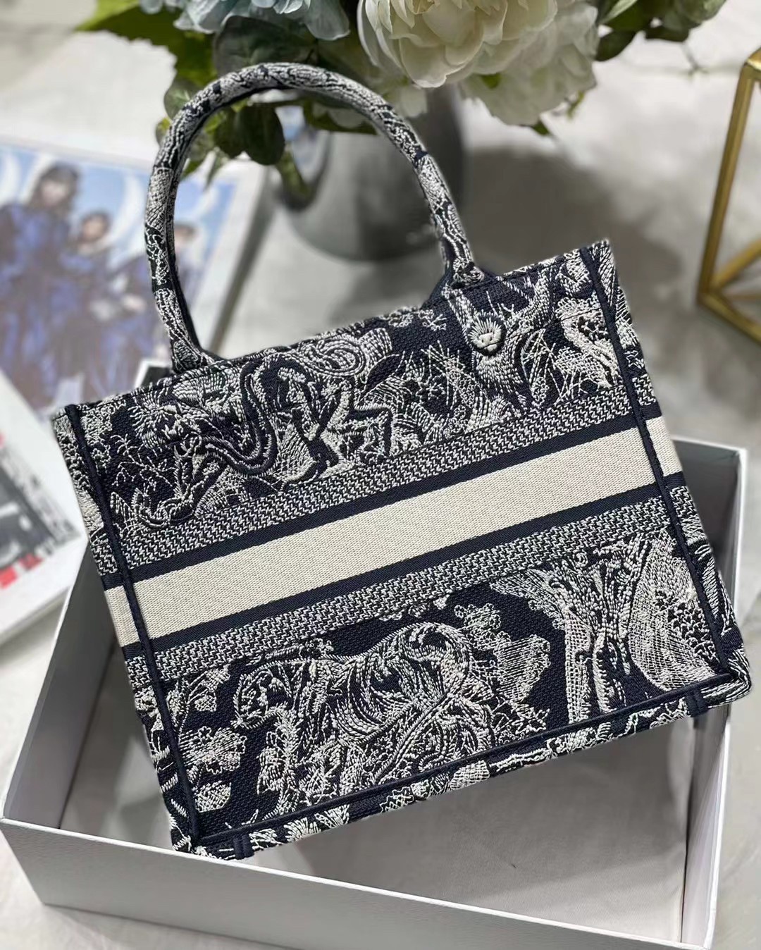 Dior New Small Book Tote In Blue Toile de Jouy Reverse Embroidery 844