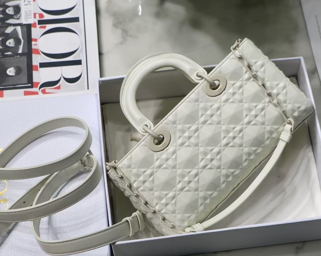 Dior Lady D-Joy Bag In White Calfskin with Diamond Motif 790