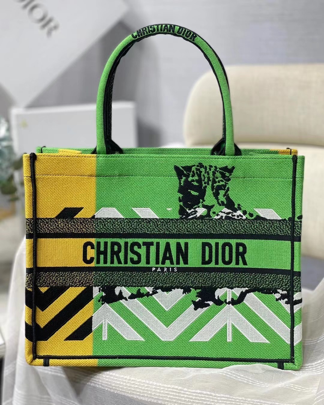 Dior Medium Book Tote Bag In Green D-Jungle Pop Embroidery 878