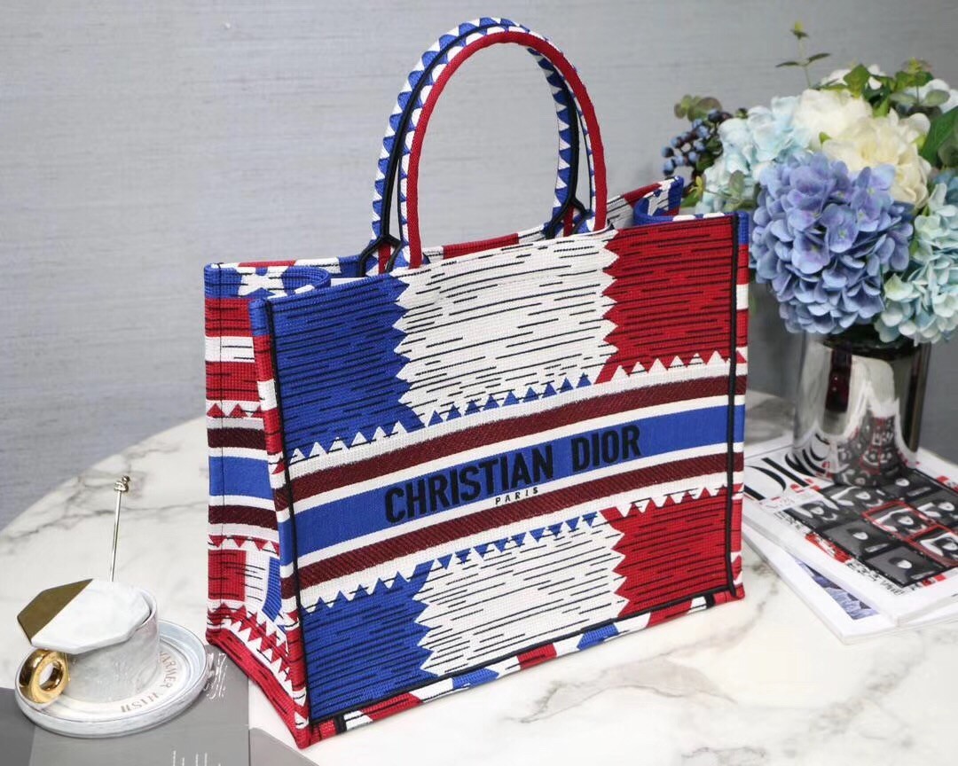 Dior Book Tote Bag In French Flag Embroidered Canvas 369