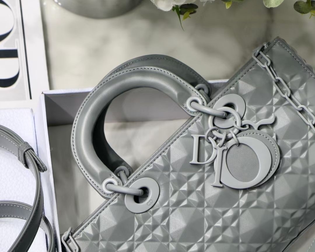 Dior Lady D-Joy Bag In Grey Calfskin with Diamond Motif 095