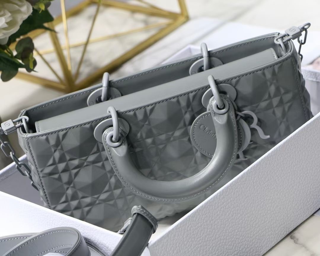 Dior Lady D-Joy Bag In Grey Calfskin with Diamond Motif 095