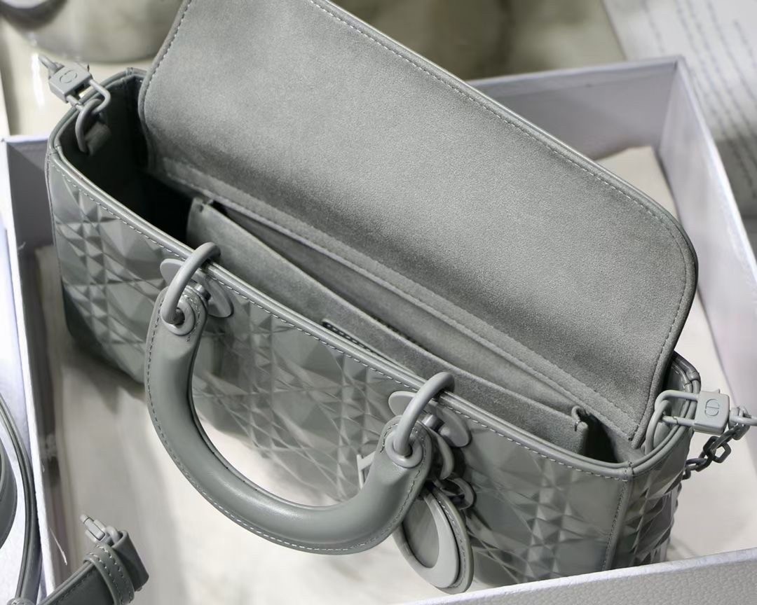 Dior Lady D-Joy Bag In Grey Calfskin with Diamond Motif 095