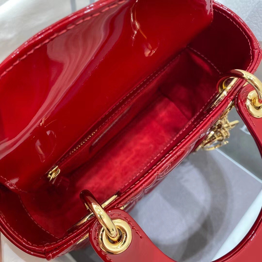 Dior Red Patent Mini Lady Dior Bag With Chain 870