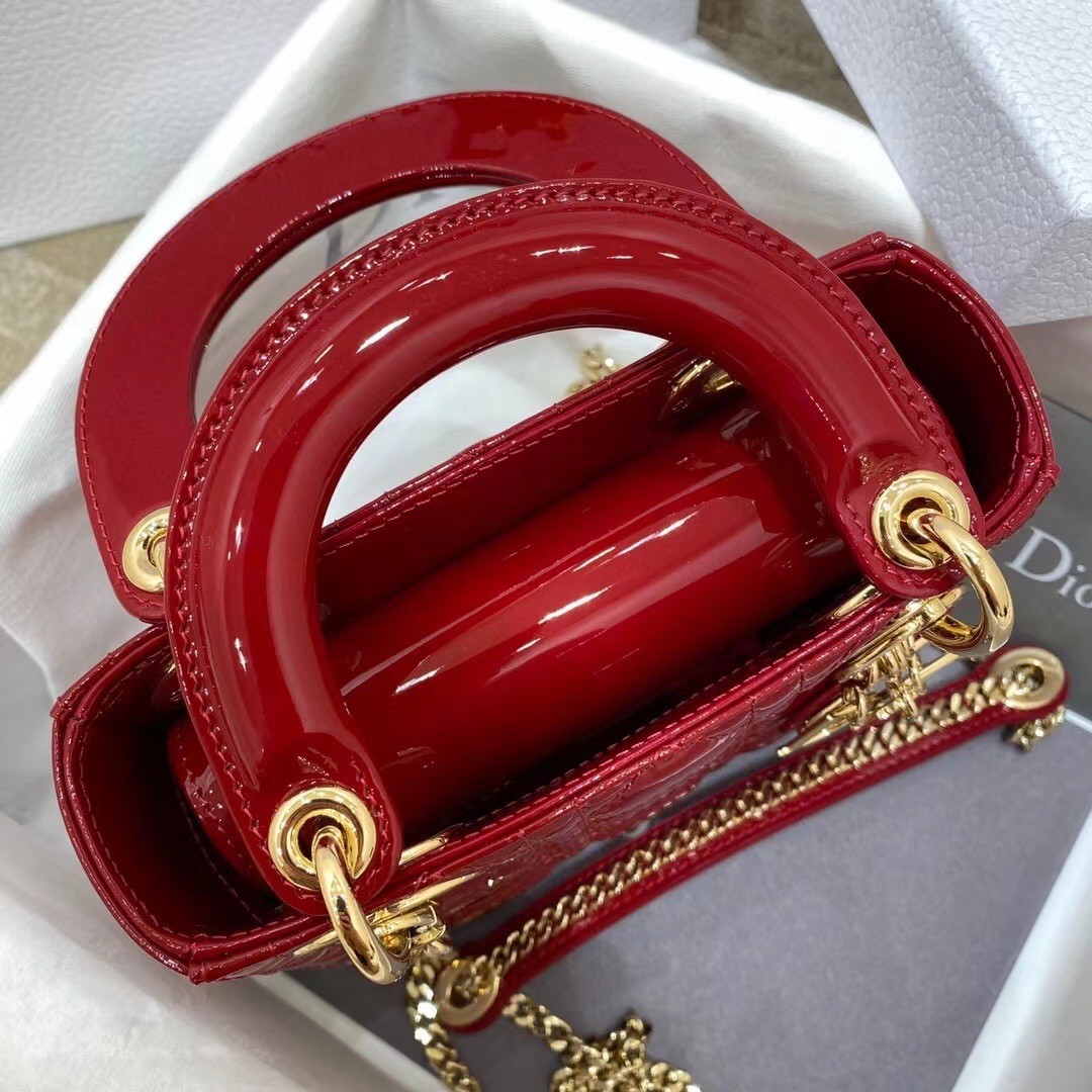 Dior Red Patent Mini Lady Dior Bag With Chain 870