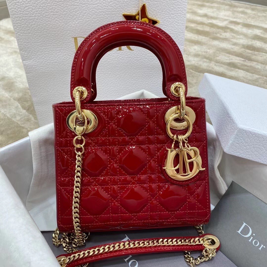 Dior Red Patent Mini Lady Dior Bag With Chain 870