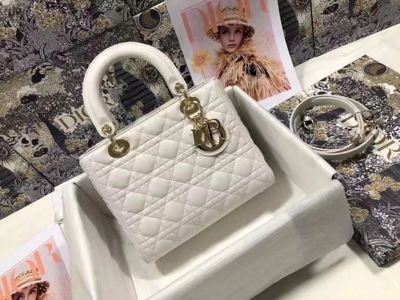 Dior Medium Lady Dior Bag In White Cannage Lambskin 347