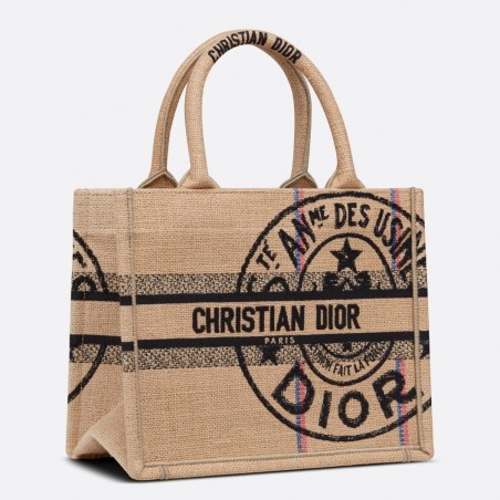 Dior Small Book Tote Bag In Beige Jute Canvas with Dior Union Motif 831