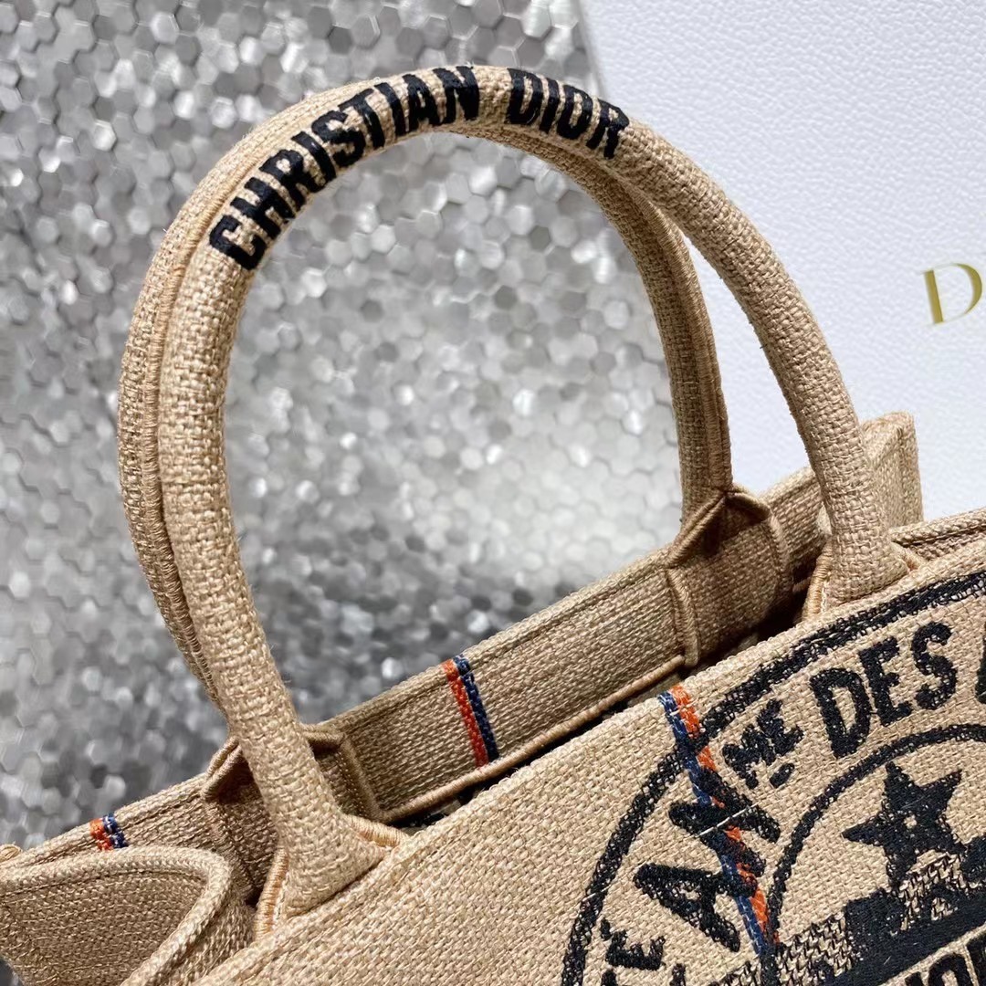 Dior Small Book Tote Bag In Beige Jute Canvas with Dior Union Motif 831