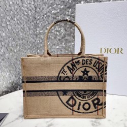 Dior Medium Book Tote Bag In Beige Jute Canvas with Dior Union Motif 870