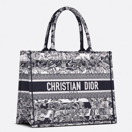 Dior Medium Book Tote Bag In Blue Toile de Jouy Stripes Embroidery 904