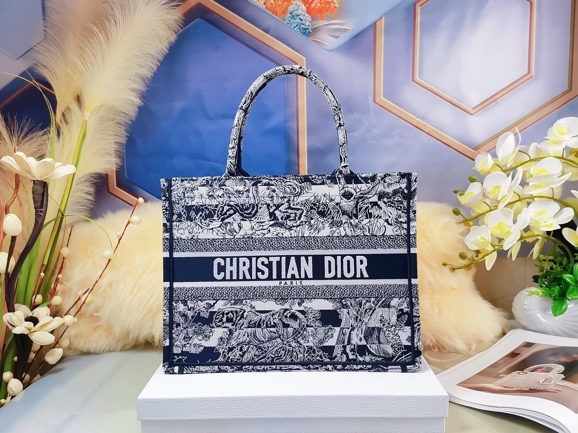 Dior Medium Book Tote Bag In Blue Toile de Jouy Stripes Embroidery 904