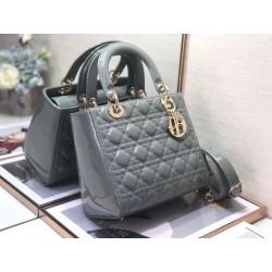 Dior Medium Lady Dior Bag In Grey Patent Cannage Calfskin 877