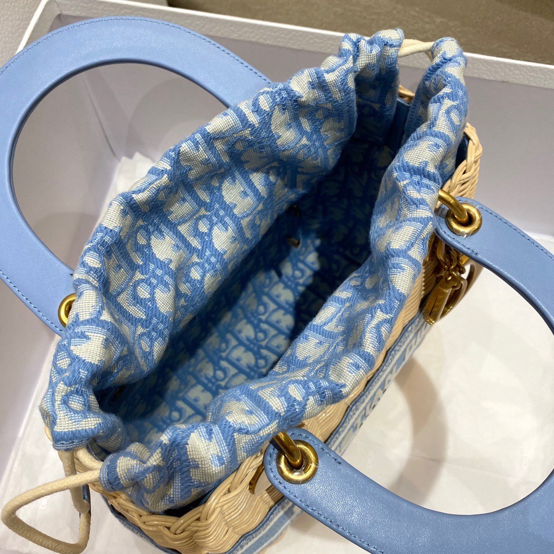 Dior Medium Lady Dior Bag In Wicker and Light Blue Oblique Jacquard 177