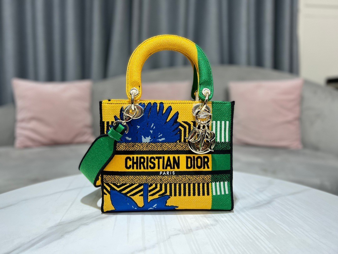 Dior Medium Lady D-Lite Bag In Yellow and Green D-Flower Pop Embroidery 911