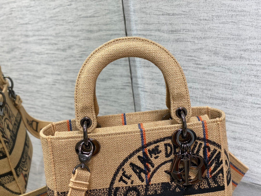 Dior Medium Lady D-Lite Bag In Beige Jute Canvas with Dior Union Motif 947