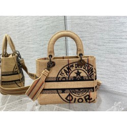 Dior Medium Lady D-Lite Bag In Beige Jute Canvas with Dior Union Motif 947