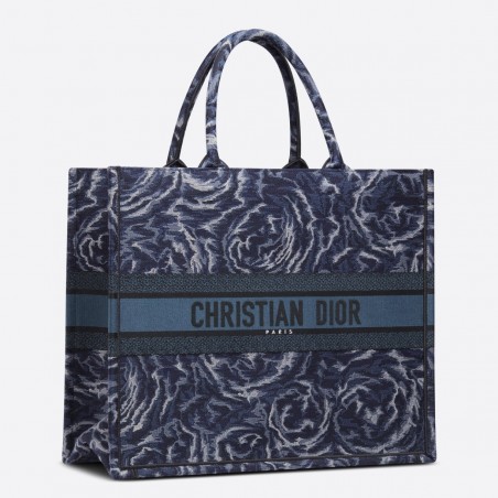 Dior Large Book Tote In Blue Dior Roses Embroidery 007