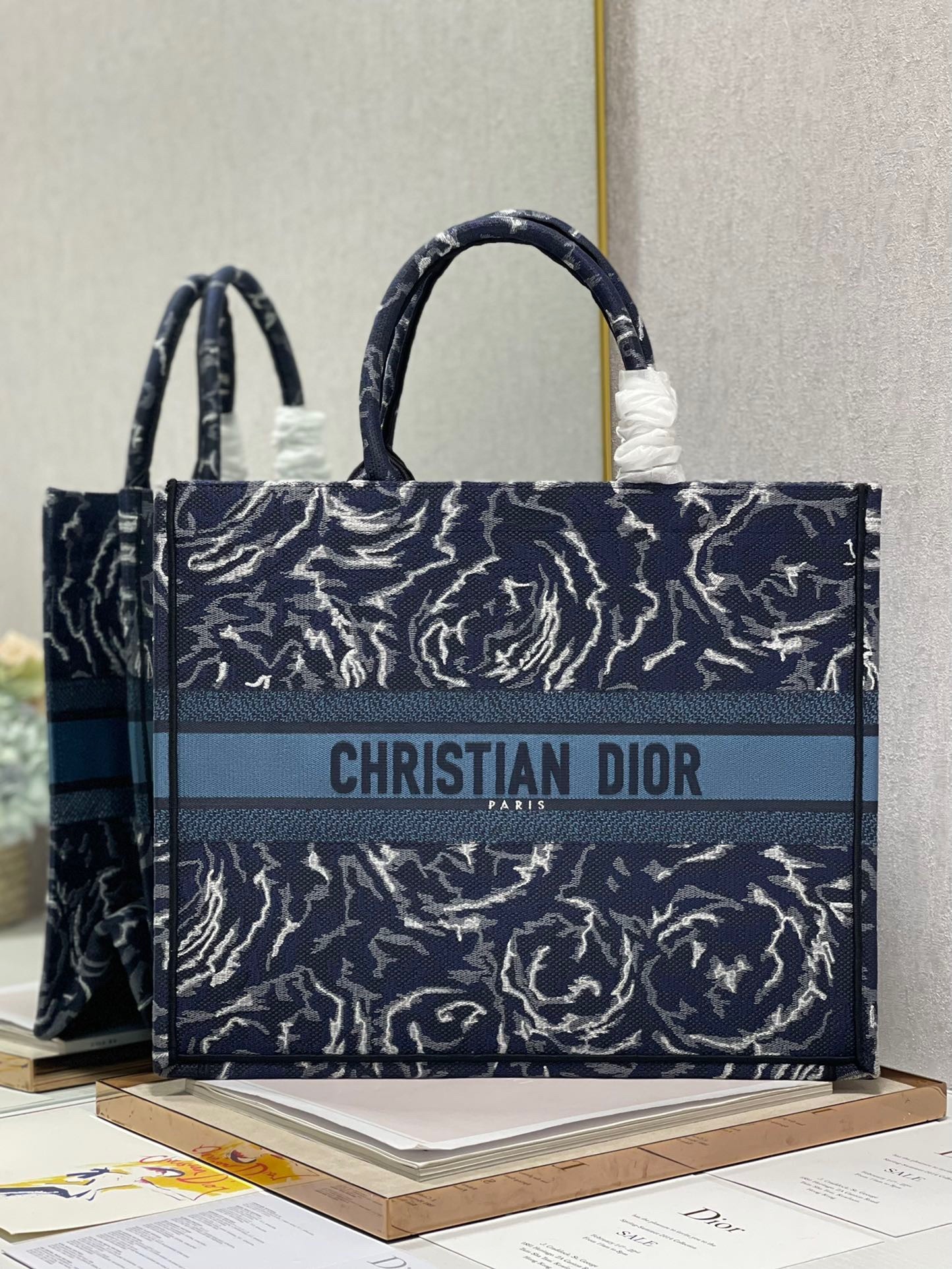 Dior Large Book Tote In Blue Dior Roses Embroidery 007