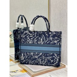 Dior Large Book Tote In Blue Dior Roses Embroidery 007