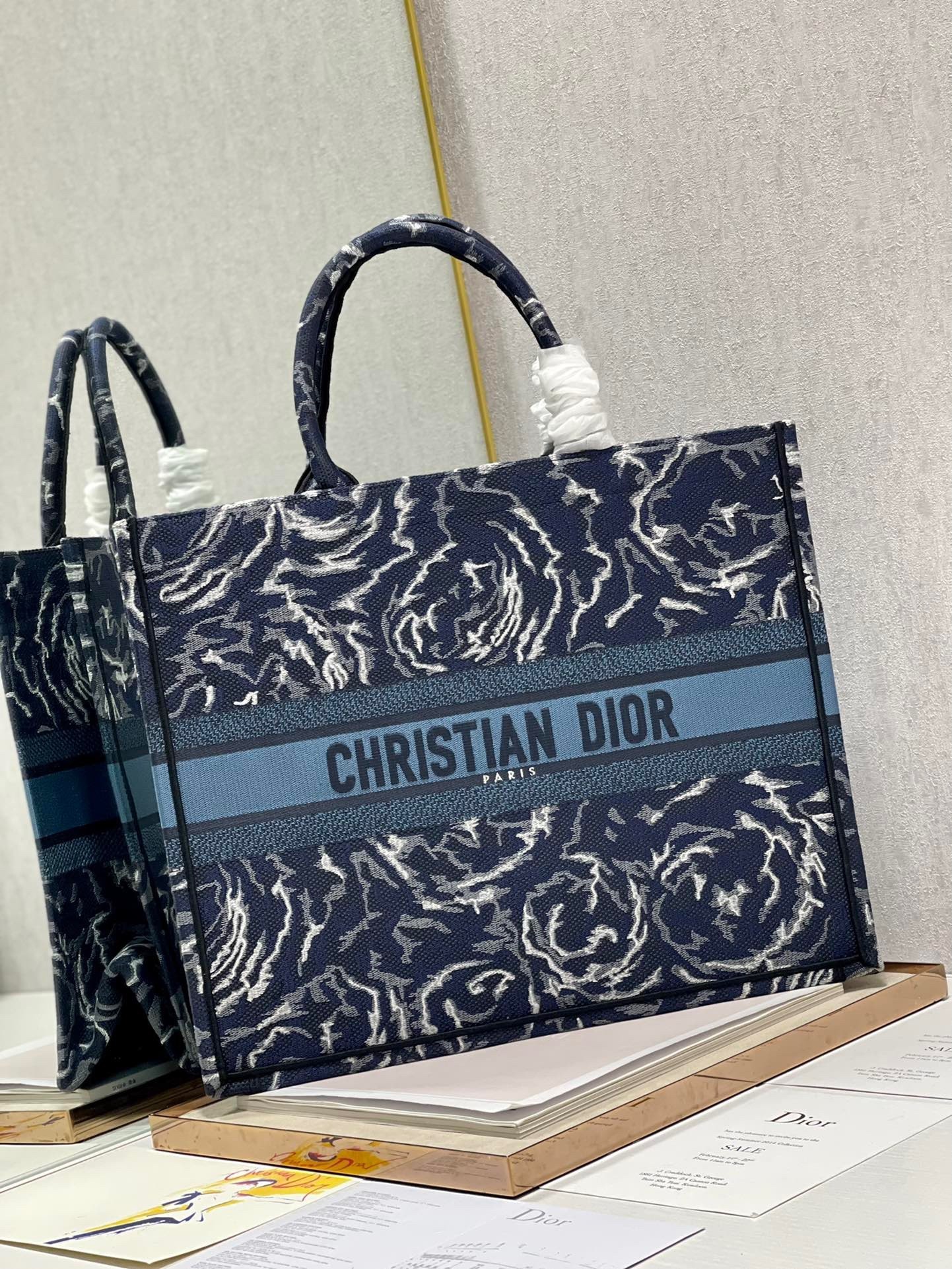 Dior Large Book Tote In Blue Dior Roses Embroidery 007