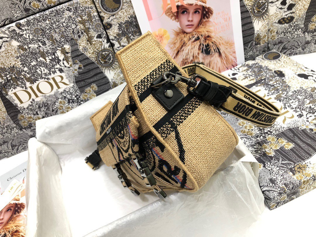 Dior Diorcamp Small Bag In Beige Jute Canvas with Dior Union Motif 040