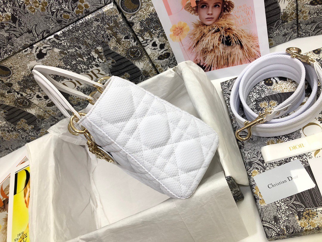 Dior Medium Lady D-Lite Bag In White Macrocannage Technical Fabric 245