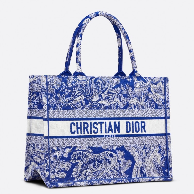 Dior Medium Book Tote Bag In Fluorescent Blue Toile de Jouy Reverse Embroidery 388