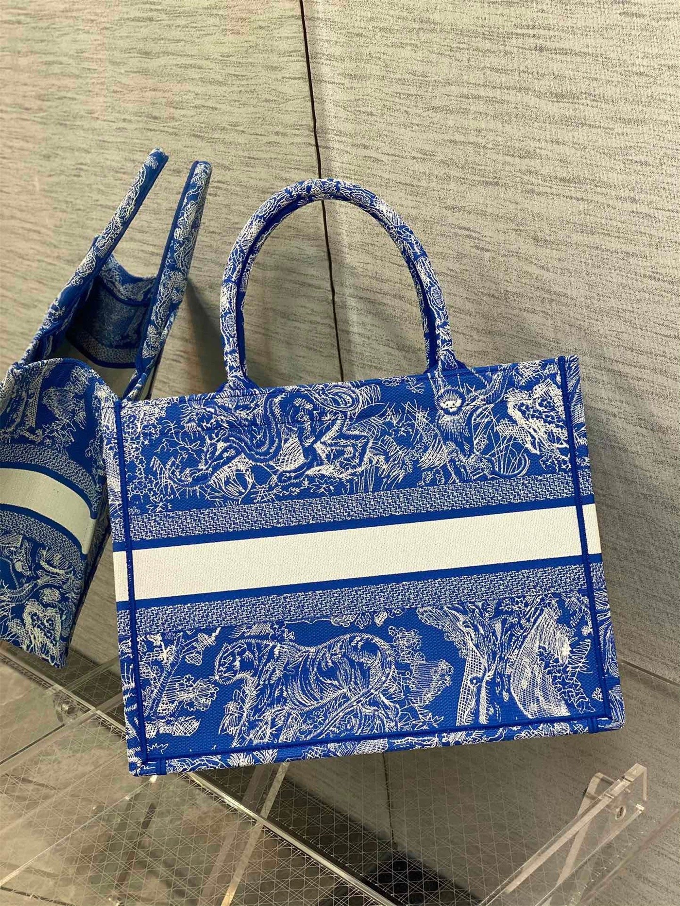 Dior Medium Book Tote Bag In Fluorescent Blue Toile de Jouy Reverse Embroidery 388