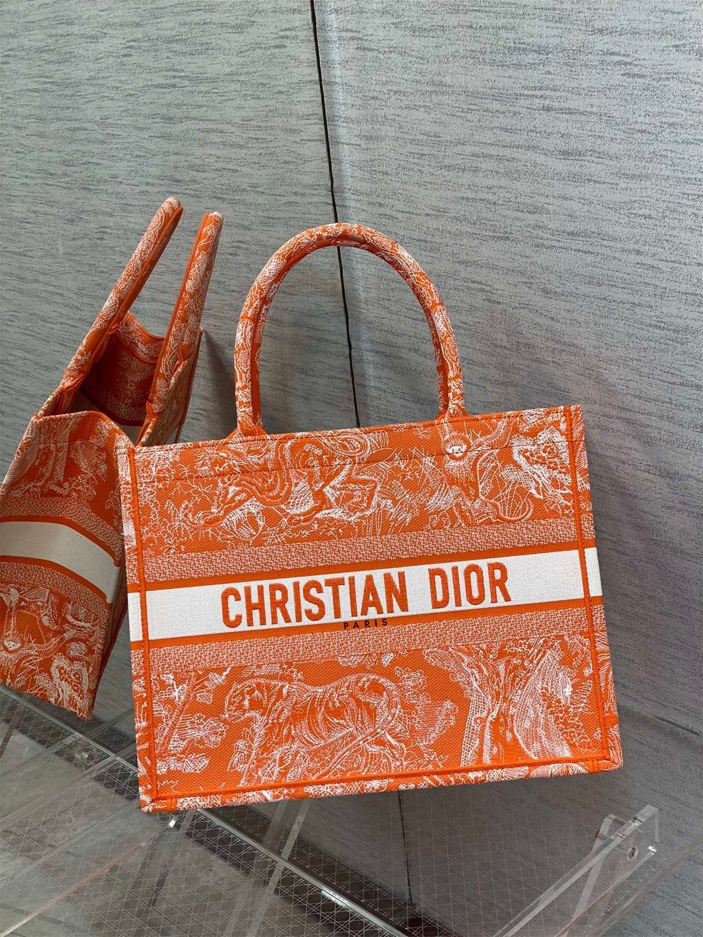 Dior Medium Book Tote Bag In Fluorescent Orange Toile de Jouy Reverse Embroidery 416