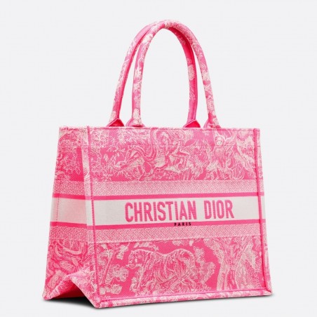 Dior Medium Book Tote Bag In Fluorescent Pink Toile de Jouy Reverse Embroidery 449