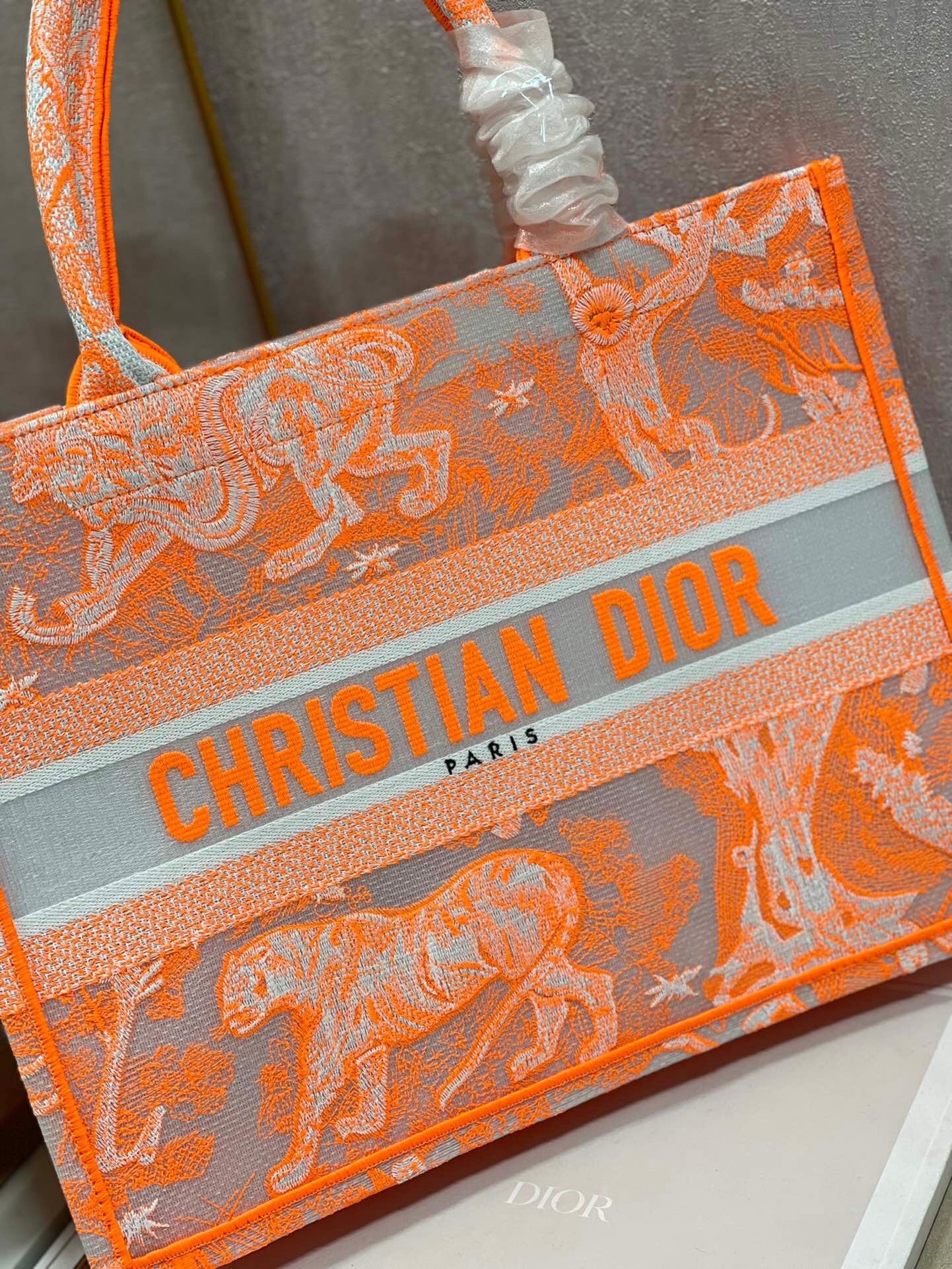 Dior Medium Book Tote Bag In Orange Transparent Toile de Jouy Canvas 514