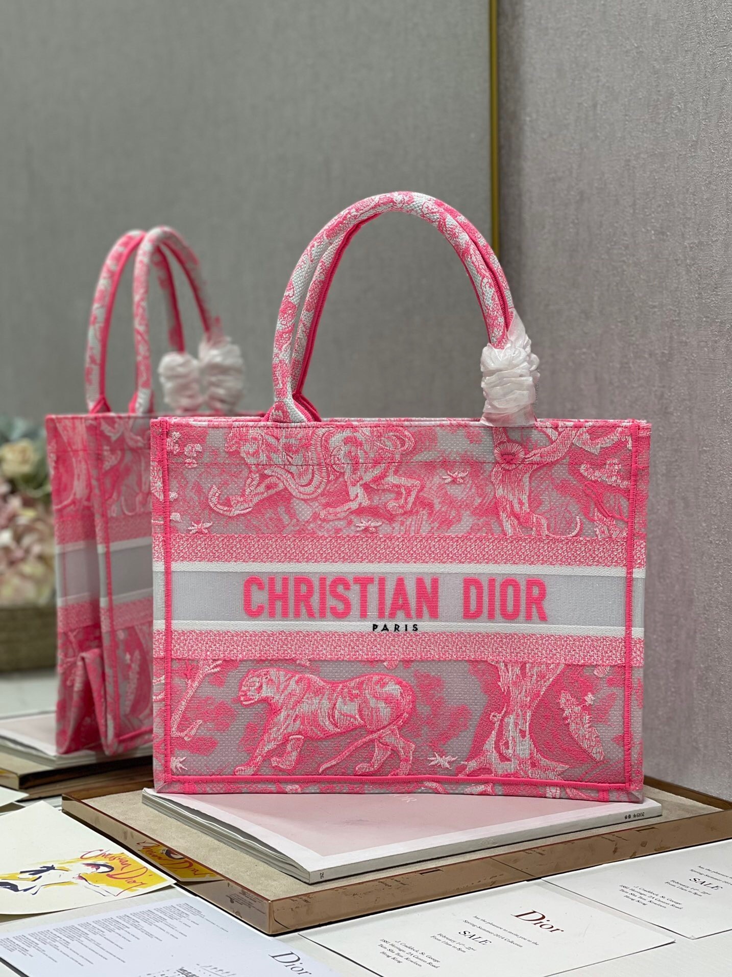 Dior Medium Book Tote Bag In Pink Transparent Toile de Jouy Canvas 542