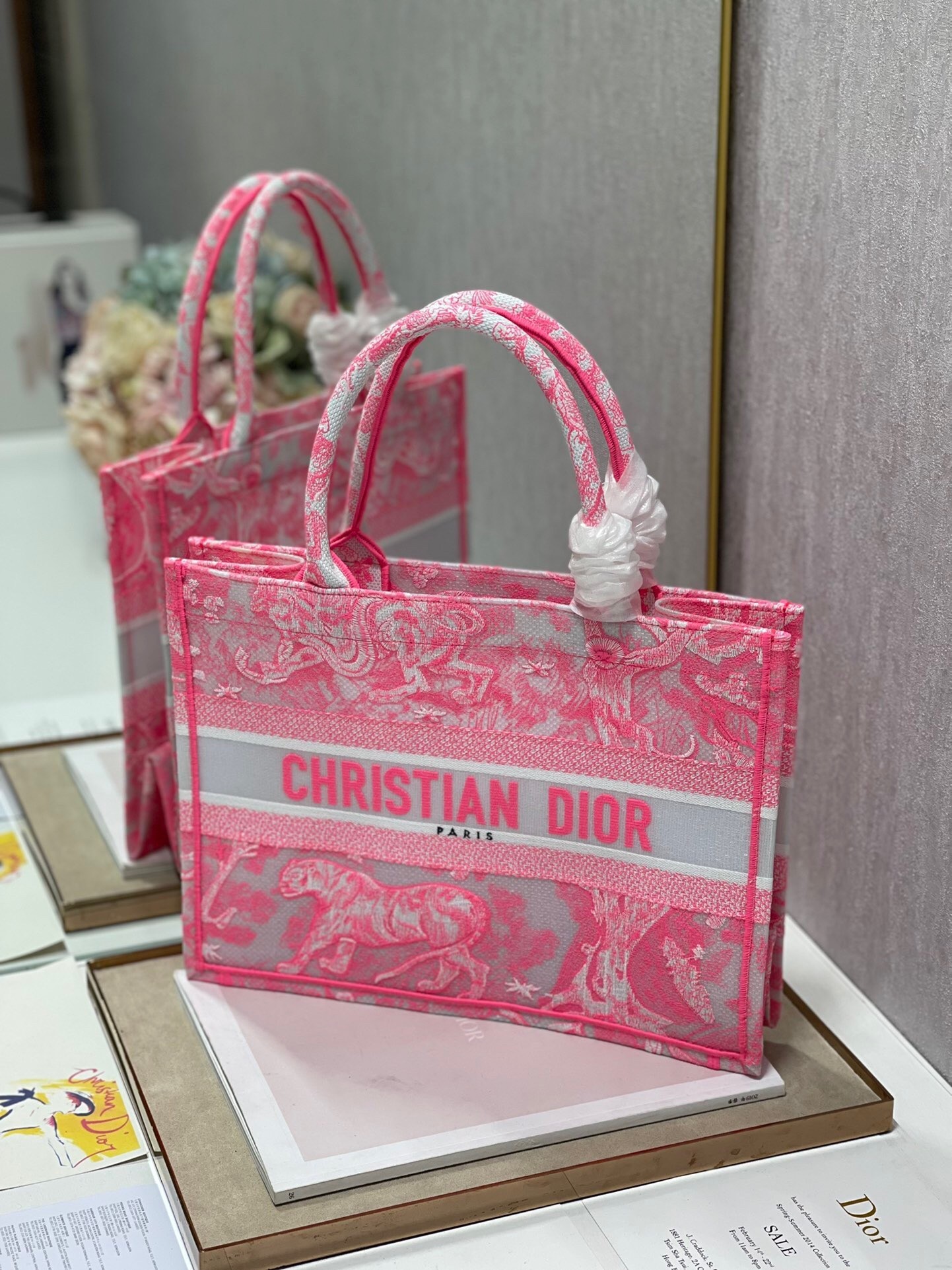 Dior Medium Book Tote Bag In Pink Transparent Toile de Jouy Canvas 542